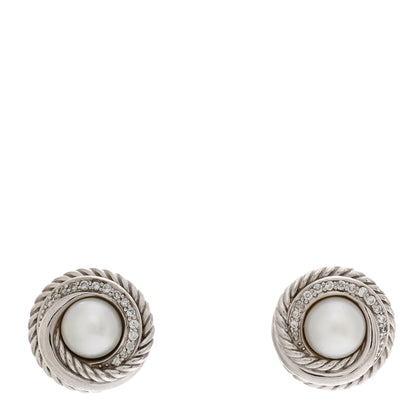 David Yurman Sterling Silver Diamond Freshwater Pearl Crossover Earrings 1 of 4