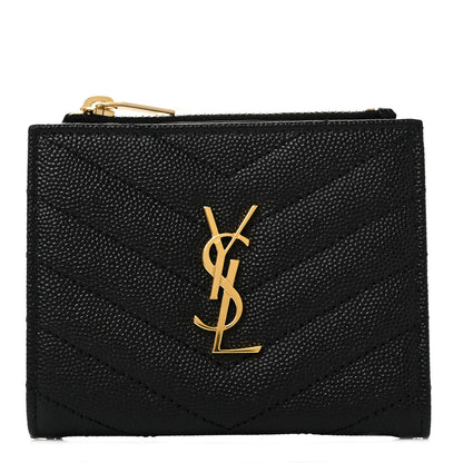 Saint Laurent Grain De Poudre Matelasse Chevron Monogram Zipped Card Case Black 1 of 9