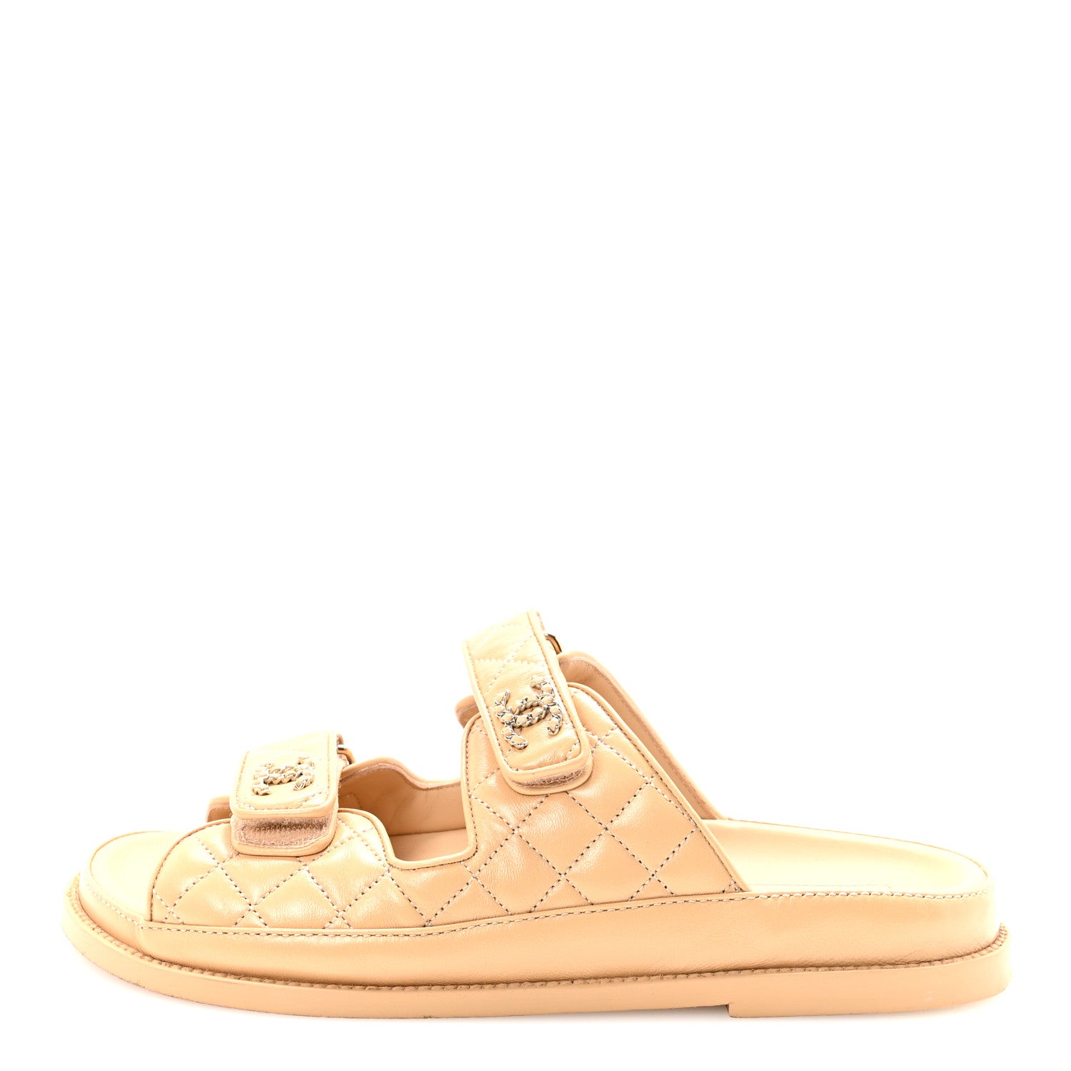 Chanel Lambskin Quilted Velcro Dad Chain CC Slide Sandals 39.5 Beige 1 of 10