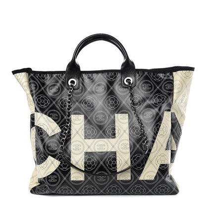 Chanel Coated Canvas Camellia Medium Shopping Tote Black Beige 1 of 10