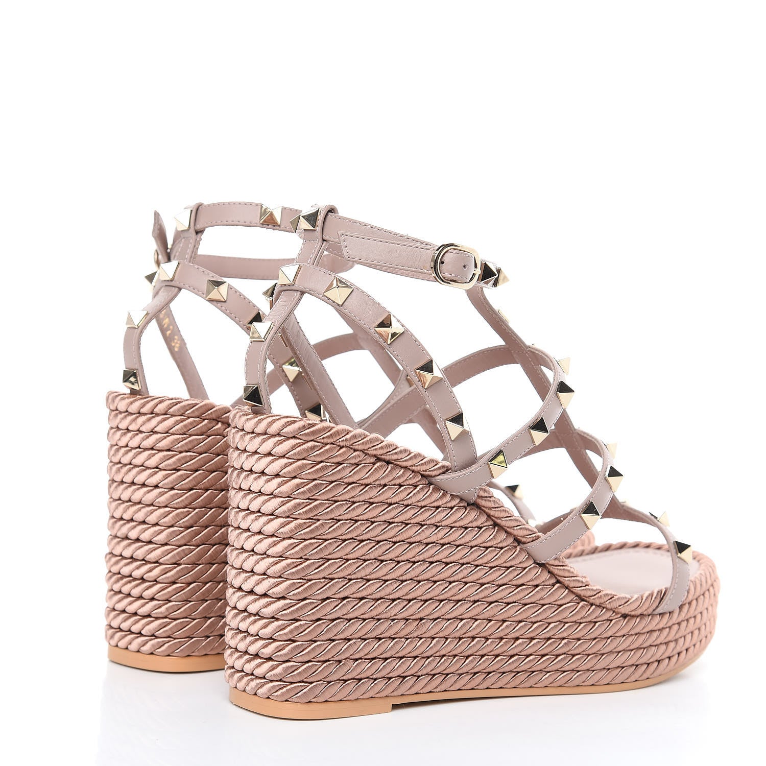 Valentino Garavani Calfskin Rockstud Ankle Strap Torchon Espadrille Caged 25/95mm Wedge Sandals 38 Poudre 4 of 10