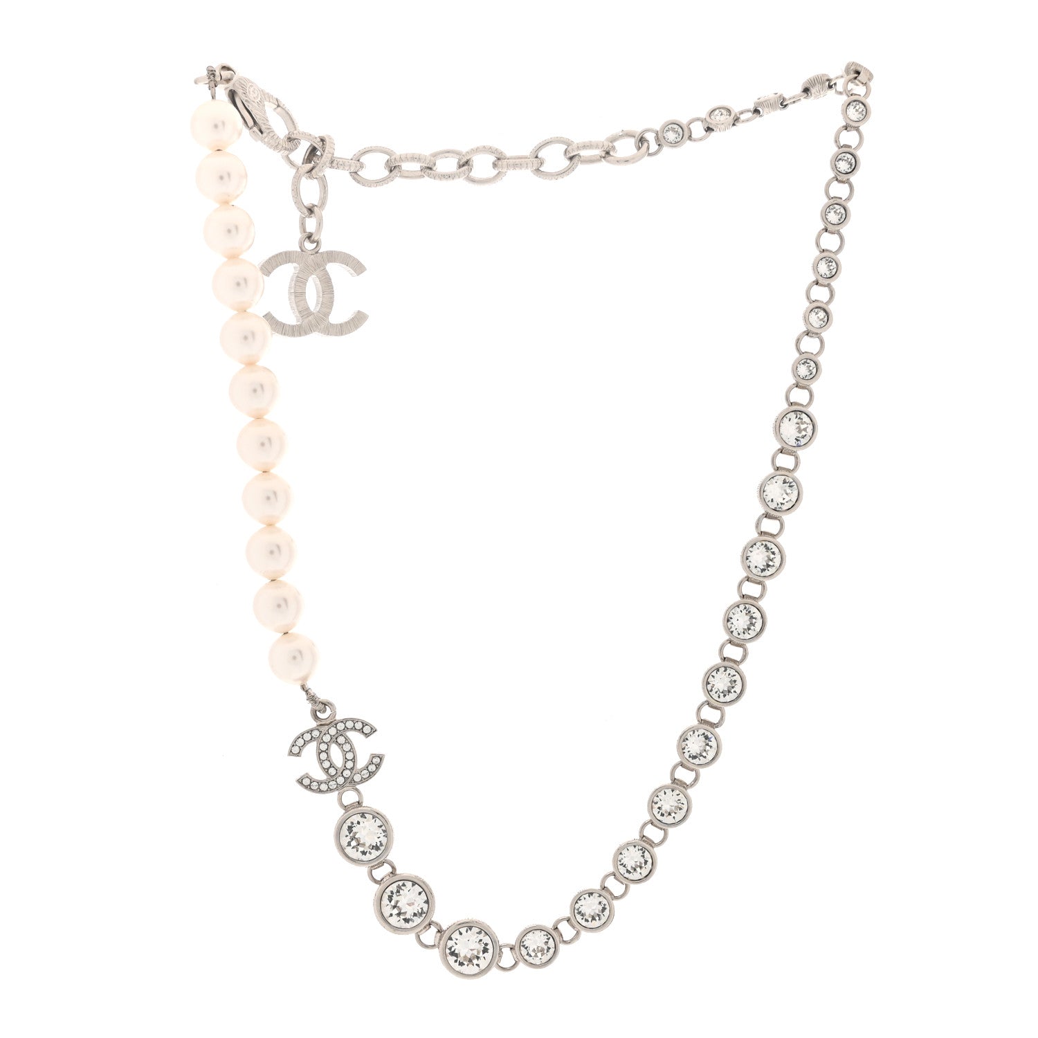 Chanel Pearl Crystal CC Choker Necklace Silver Pearly White 3 of 5