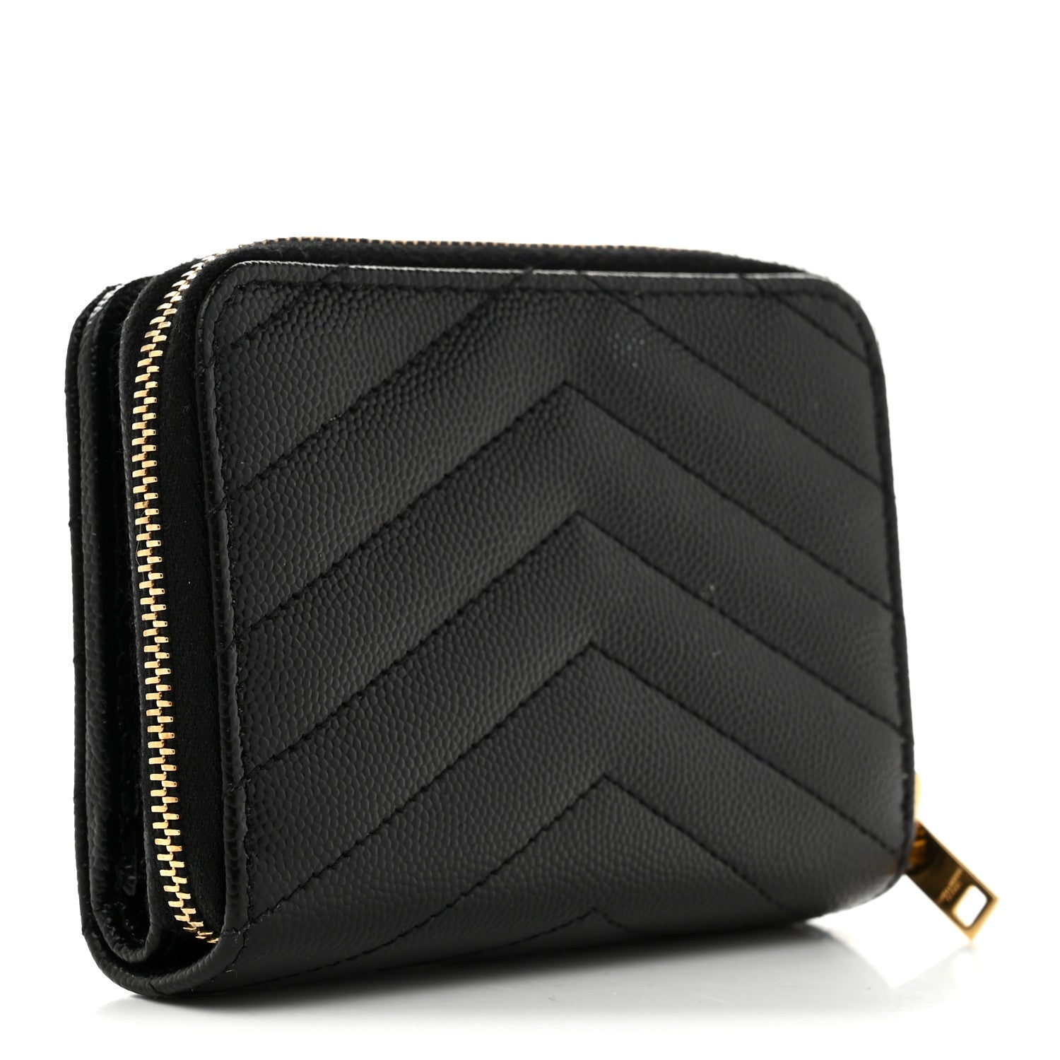 Saint Laurent Grain De Poudre Matelasse Chevron Monogram Compact Zip Around Wallet Black 3 of 8