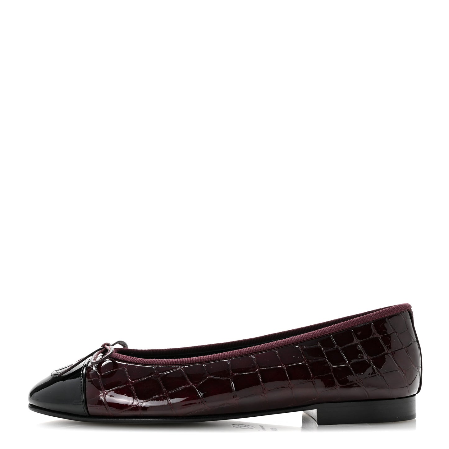 Crocodile Embossed Patent Cap Toe Ballerina Flats 38.5 Dark Burgundy Black