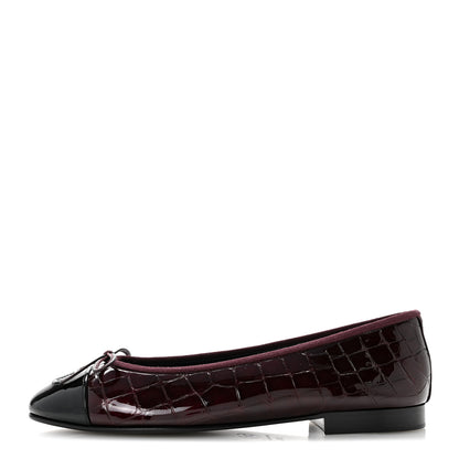 Chanel Crocodile Embossed Patent Cap Toe Ballerina Flats 38.5 Dark Burgundy Black 1 of 10
