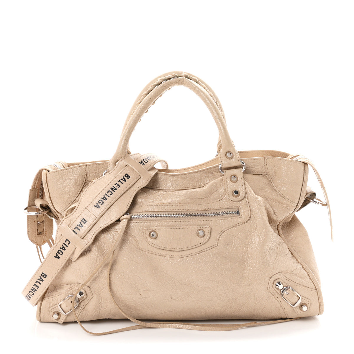 Balenciaga Agneau Classic Silver Hardware City Logo Strap Light Beige Black 1 of 12