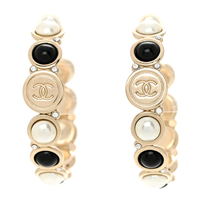 Chanel Crystal Pearl Metal Resin Polka Dot Hoop Earrings Gold Black 1 of 9