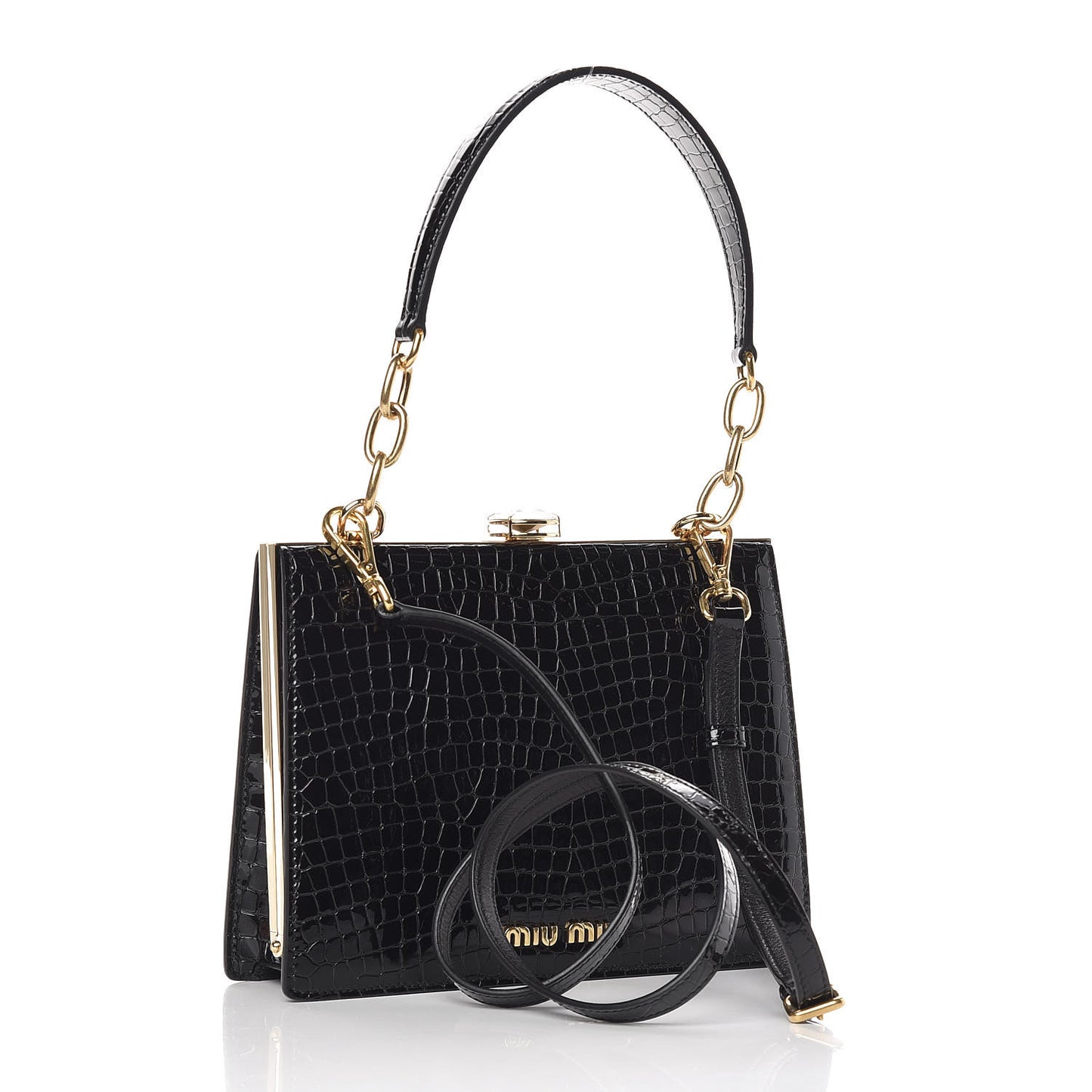 Calfskin Crocodile Embossed Crystal Embellished Solitaire Bag Black
