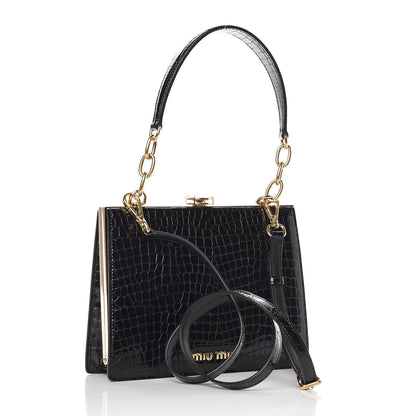 Miu Miu Calfskin Crocodile Embossed Crystal Embellished Solitaire Bag Black 3 of 9