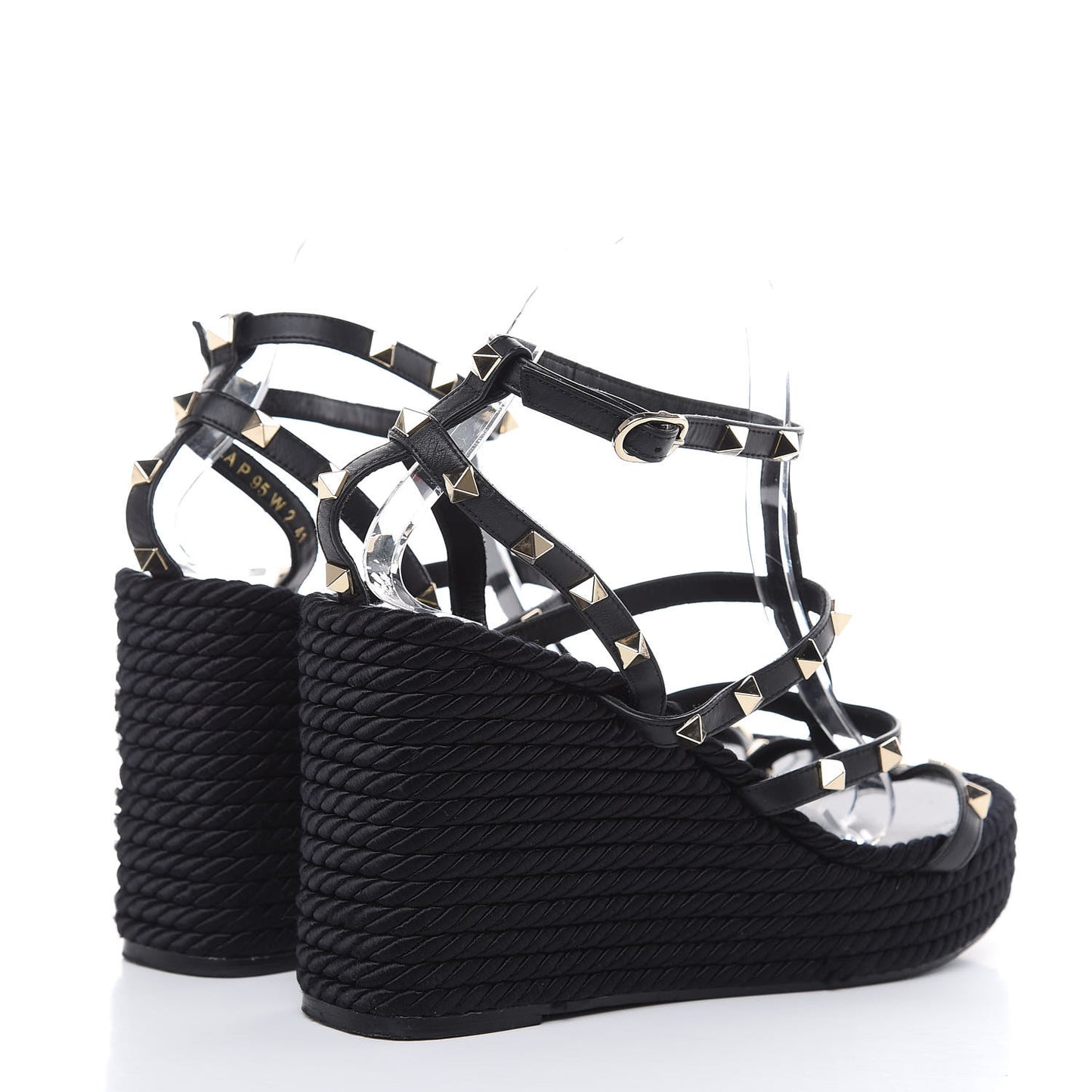 Calfskin Rockstud Ankle Strap Torchon Espadrille Caged 25/95mm Wedge Sandals 41 Black
