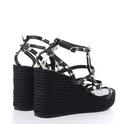 Valentino Garavani Calfskin Rockstud Ankle Strap Torchon Espadrille Caged 25/95mm Wedge Sandals 41 Black 4 of 10