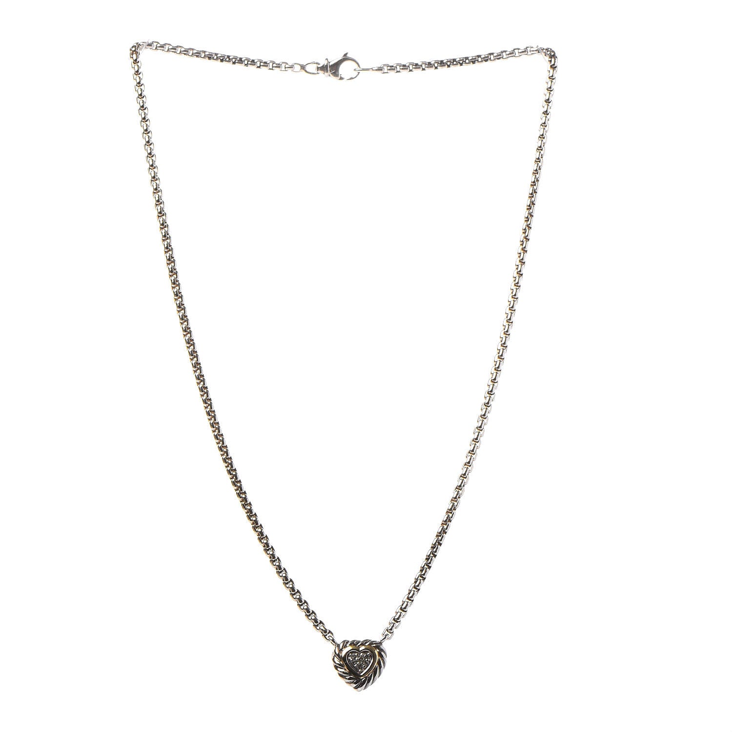 David Yurman Sterling Silver 18K Yellow Gold Diamond Pave Cable Heart Pendant Necklace 3 of 5