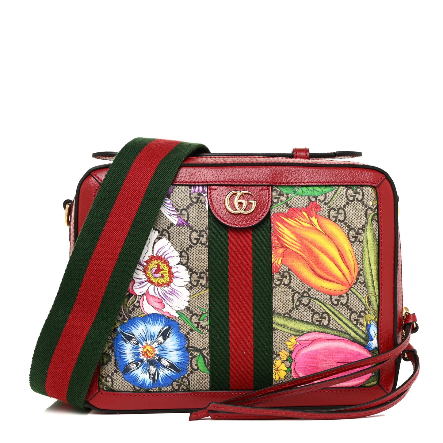 GG Supreme Monogram Flora Web Small Ophidia Top Handle Shoulder Bag Hibiscus Red