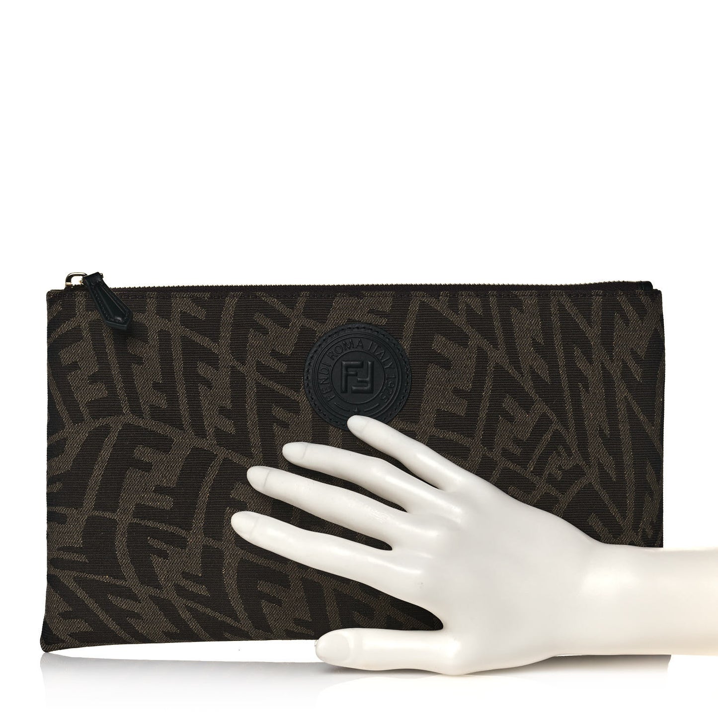 X SARAH COLEMAN Fabric Jacquard Vitello King FF Vertigo Medium Flat Pouch Tobacco Moro Black