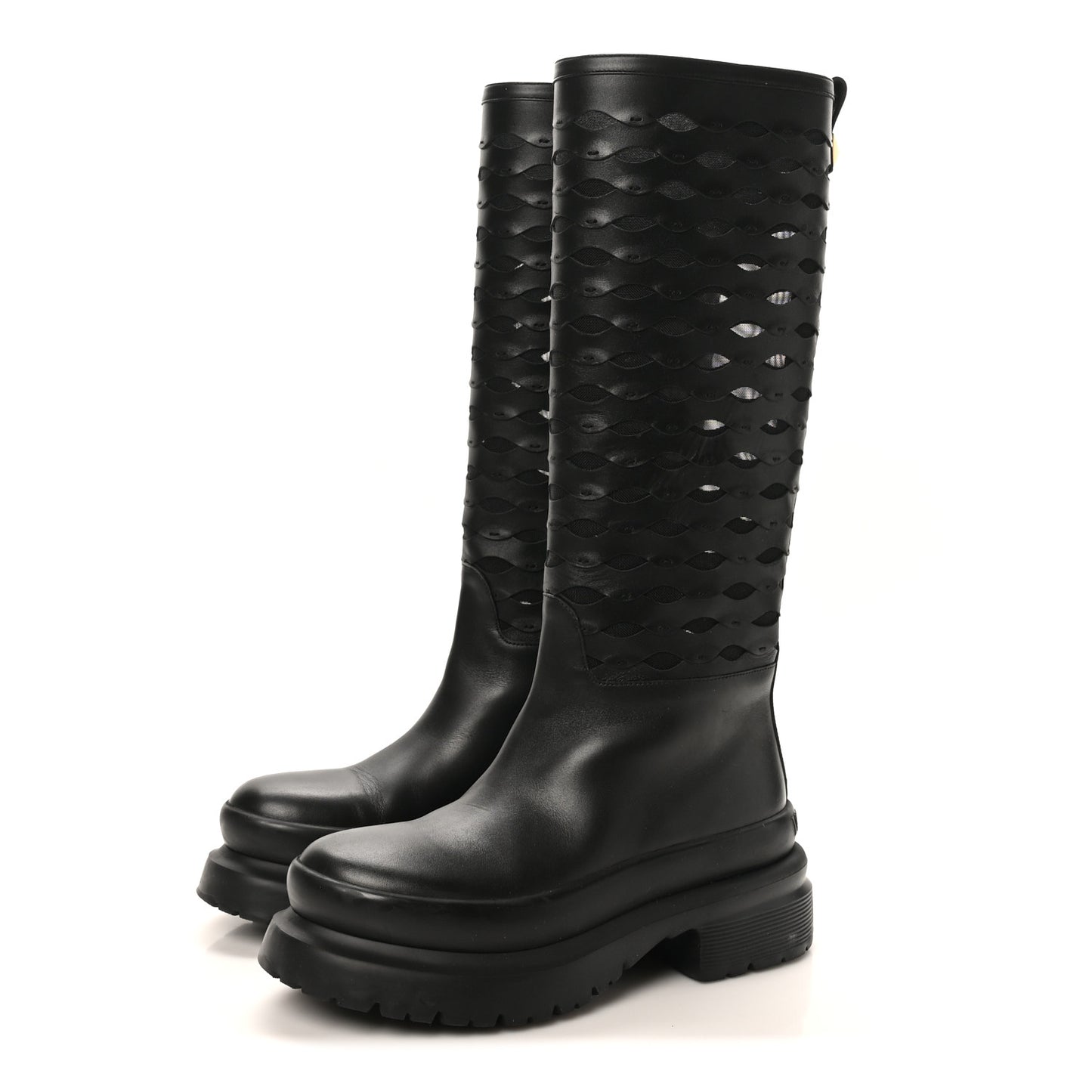 Calfskin Mesh Roman Stud Laser Cut Knee High Boots 37 Black