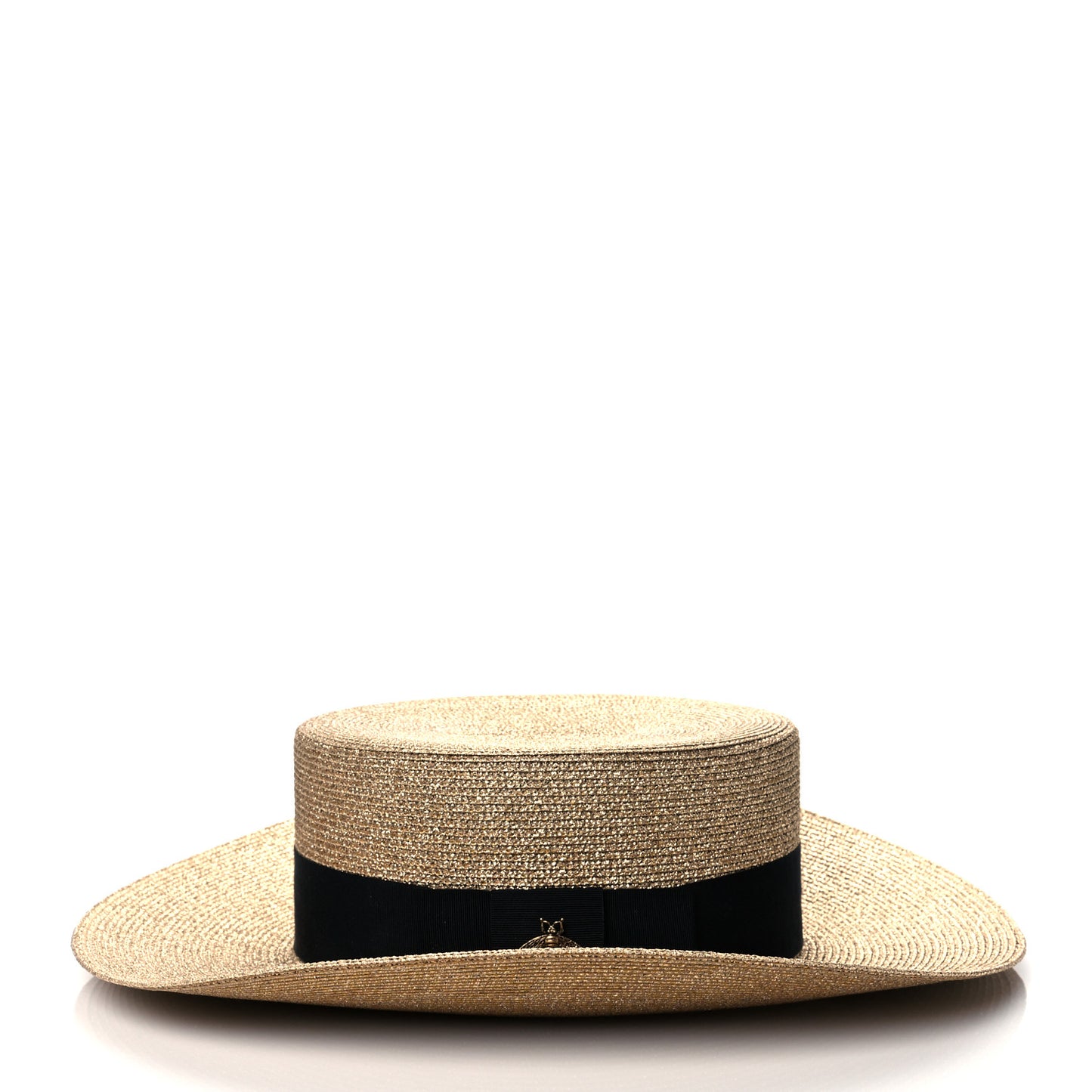 Glittered Straw Grosgrain Wide Brim Hat M Gold Black