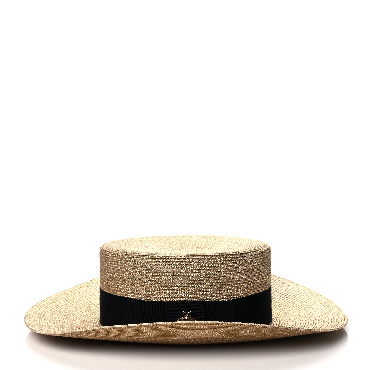 Gucci Glittered Straw Grosgrain Wide Brim Hat M Gold Black 4 of 8