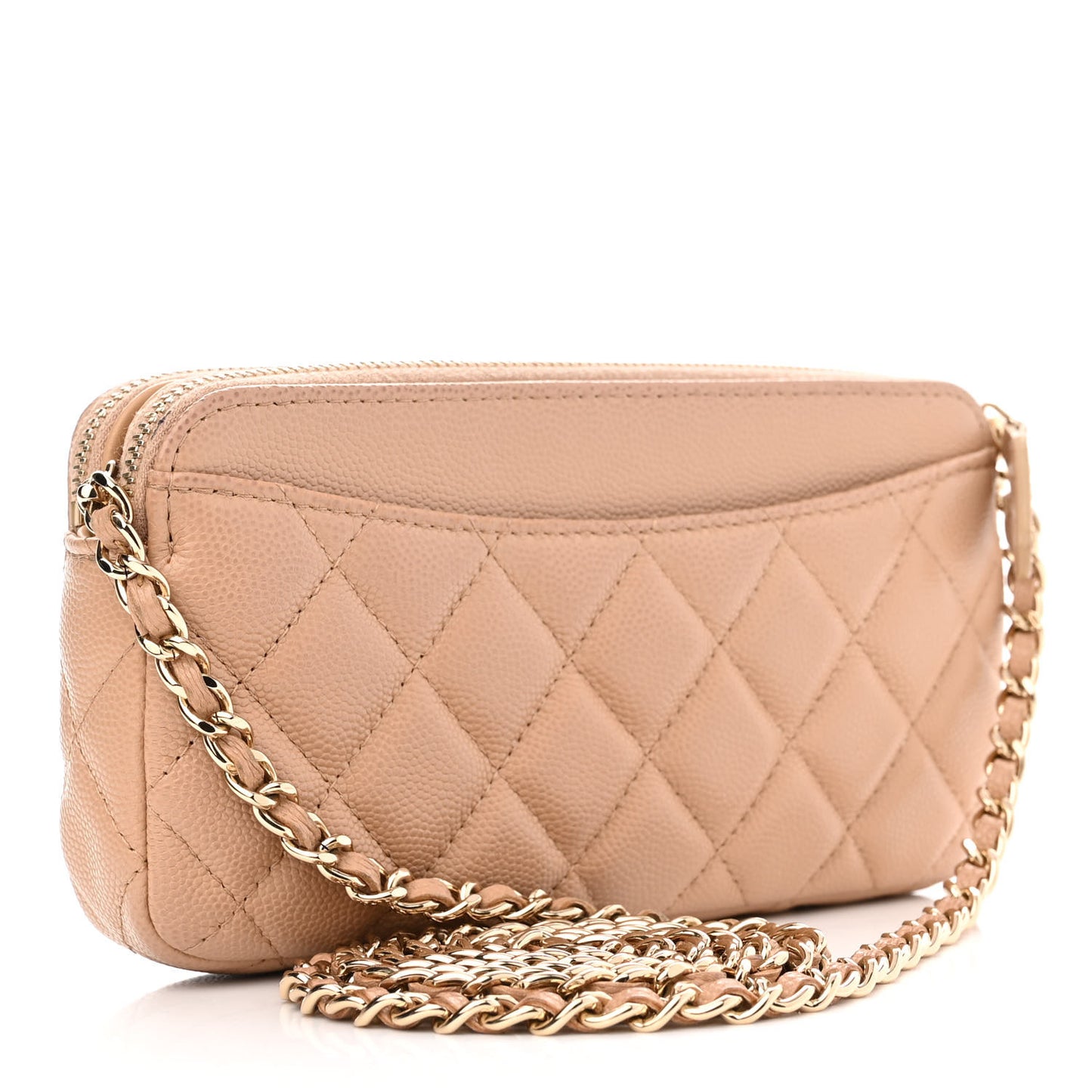 Caviar Quilted Small Clutch With Chain Beige