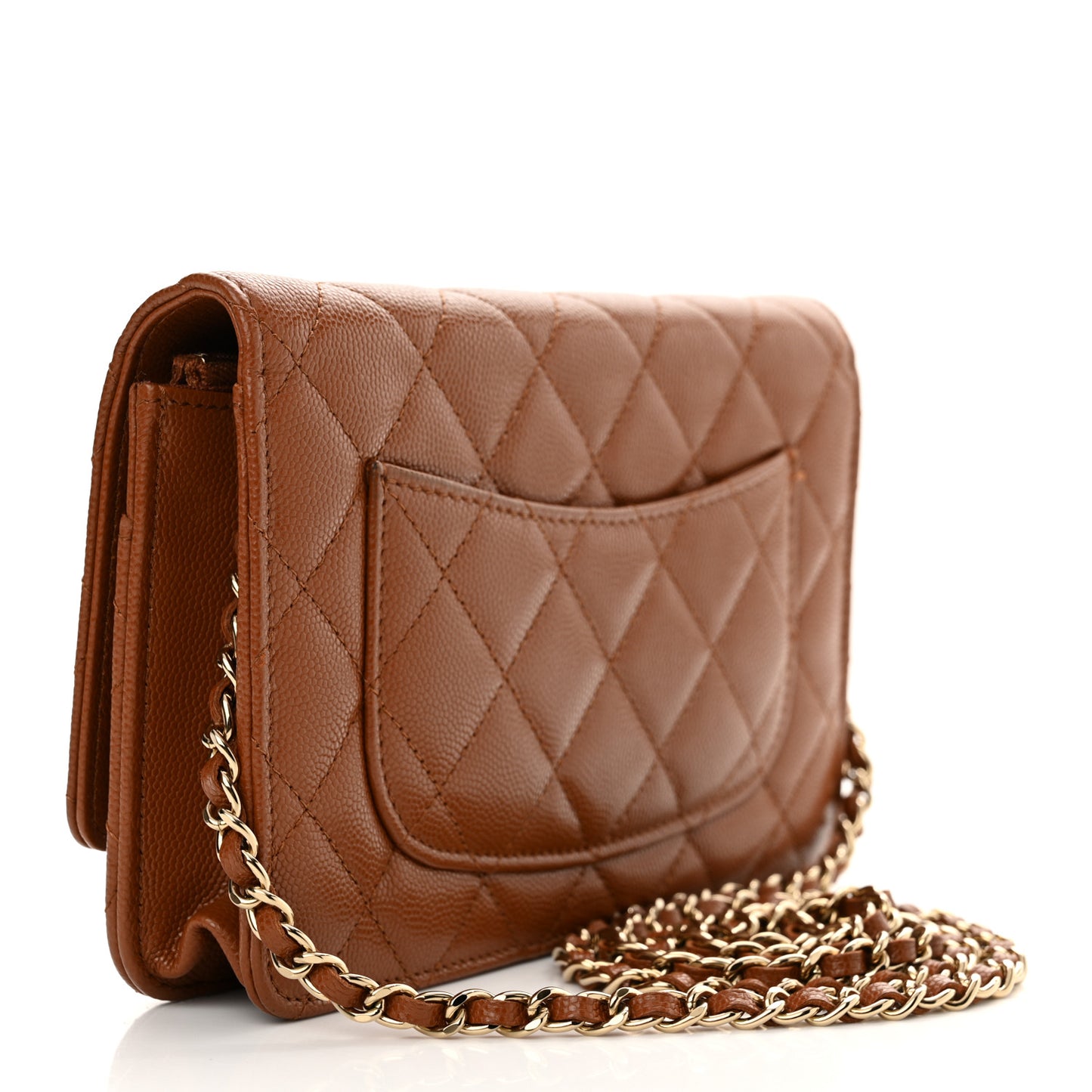 Shiny Caviar Quilted Strass Wallet On Chain WOC Light Brown