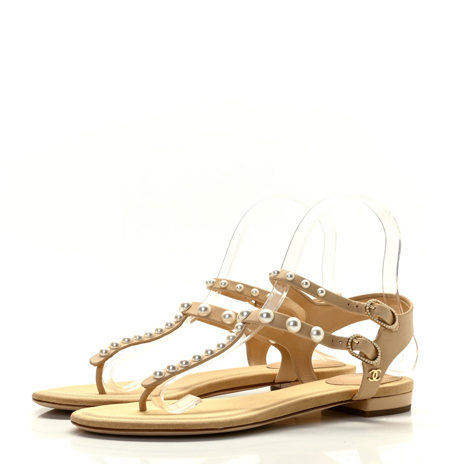Chanel Lambskin Pearl Thong Sandals 37.5 Beige 2 of 10