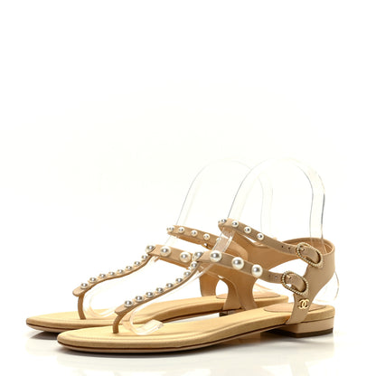 Chanel Lambskin Pearl Thong Sandals 37.5 Beige 2 of 10