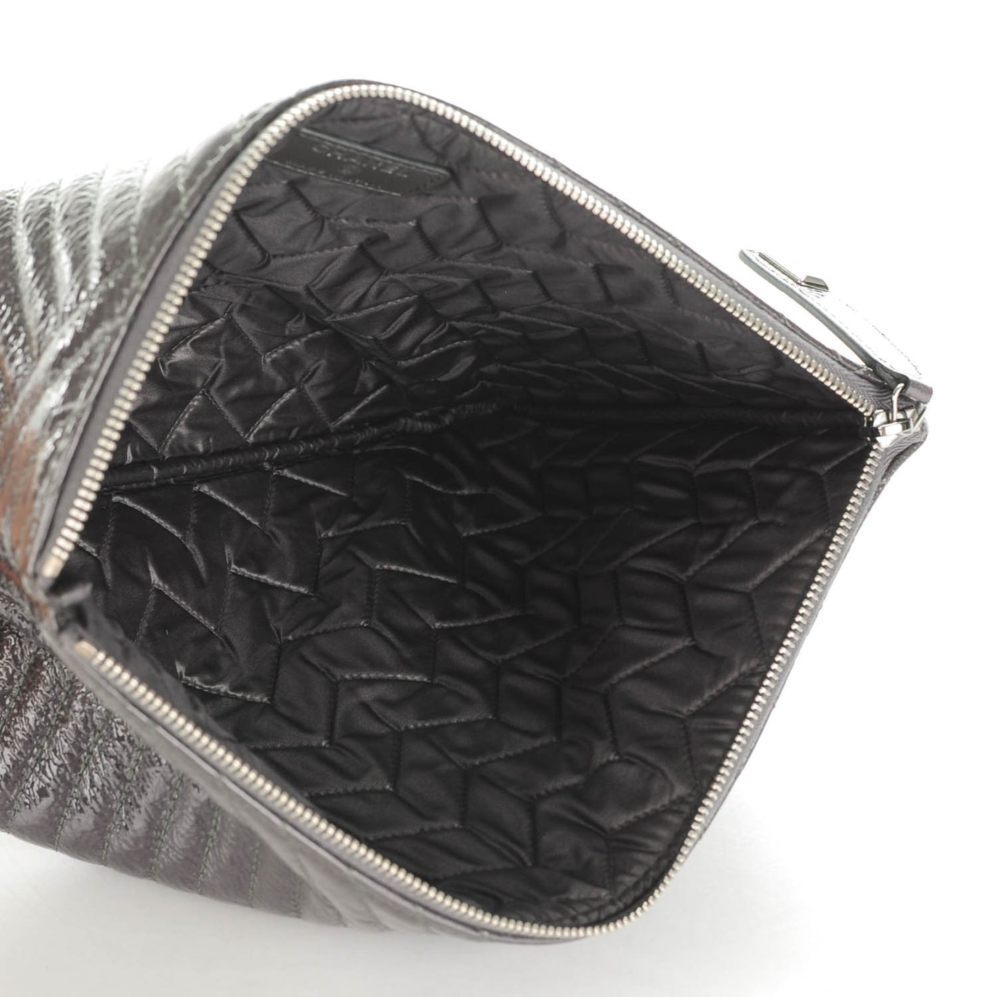 Distressed Patent Chevron Quilted Medium CC Crossing Cosmetic Case Grey