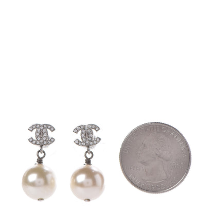 Chanel Crystal Pearl CC Drop Earrings Silver Pearly White 2 of 5