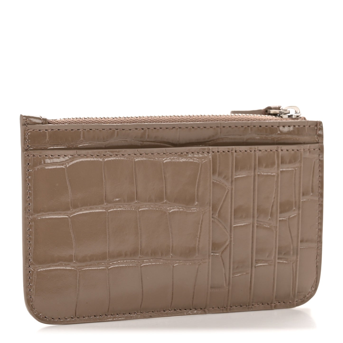 Shiny Calfskin Logo Crocodile Embossed Large Cash Long Coin Card Holder Mink Grey White