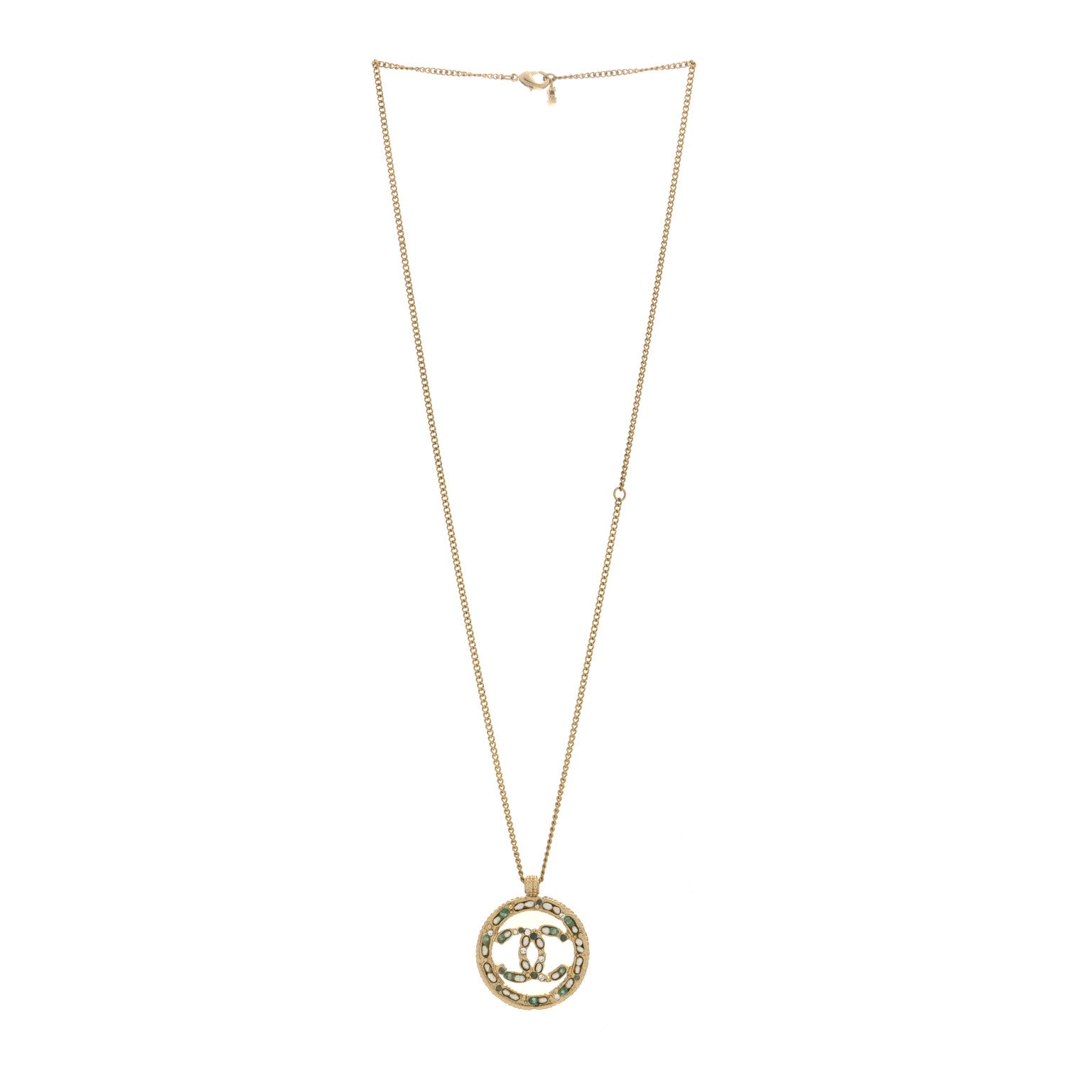 Chanel Metal Crystal Pearl Beaded CC Round Pendant Necklace Gold Green Pearly White 2 of 4