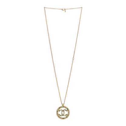 Chanel Metal Crystal Pearl Beaded CC Round Pendant Necklace Gold Green Pearly White 2 of 4