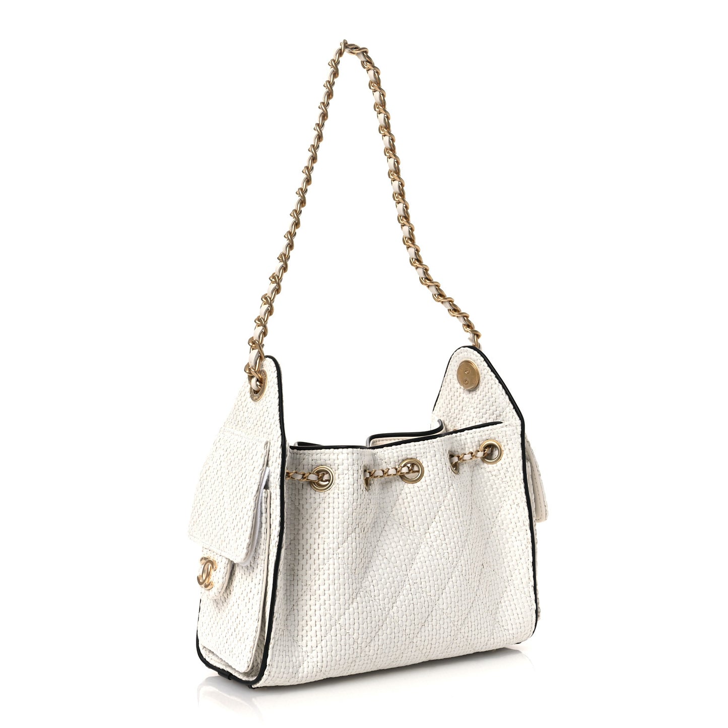 Braided Raffia Calfskin Mini Chanel 25 Handbag White Black