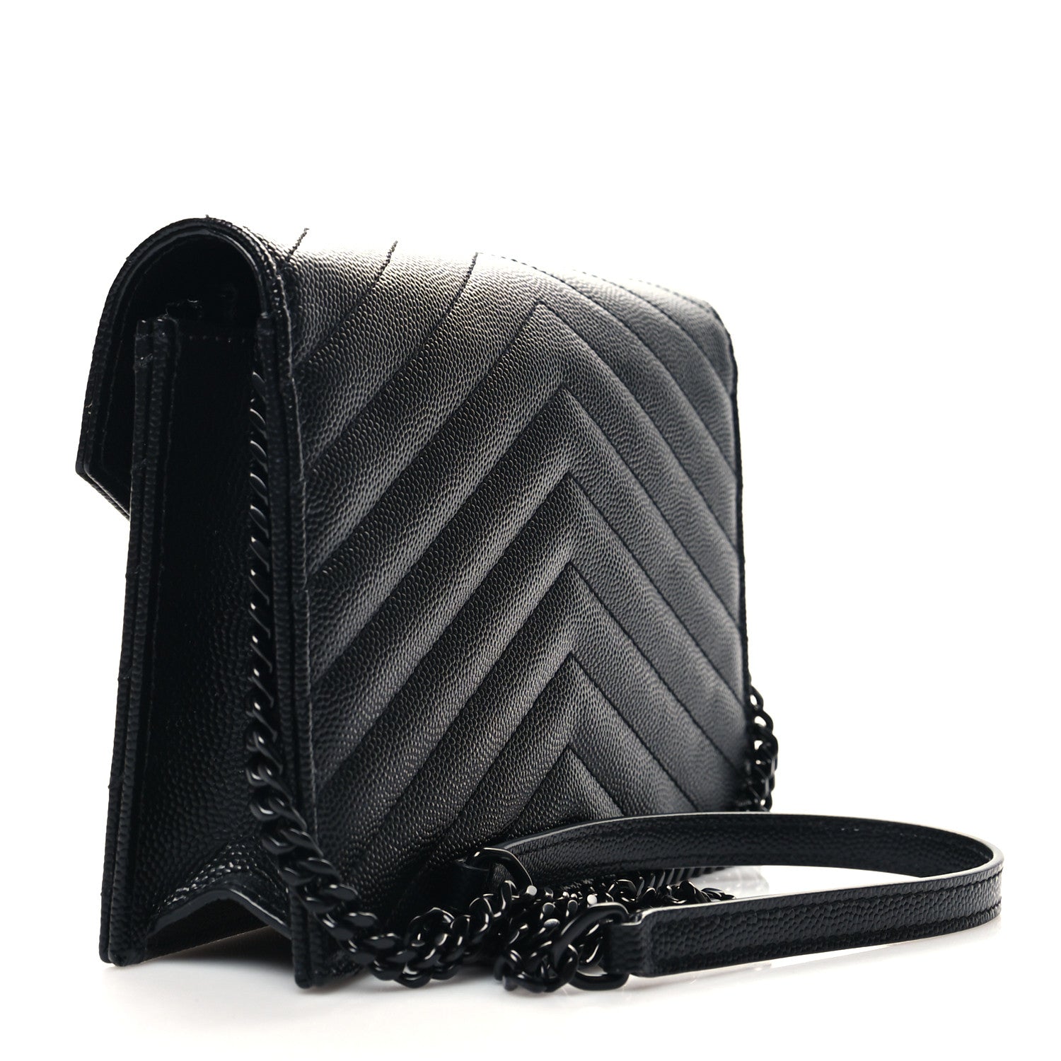 Saint Laurent Grain De Poudre Matelasse Chevron Monogram Monochrome Envelope Chain Wallet Black 3 of 11