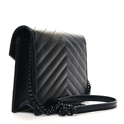 Saint Laurent Grain De Poudre Matelasse Chevron Monogram Monochrome Envelope Chain Wallet Black 3 of 11