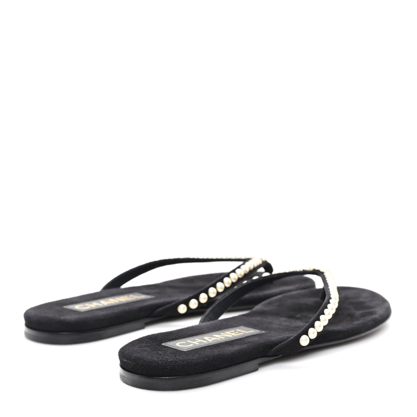 Suede Pearl Strass CC Thong Sandals 35.5 Black