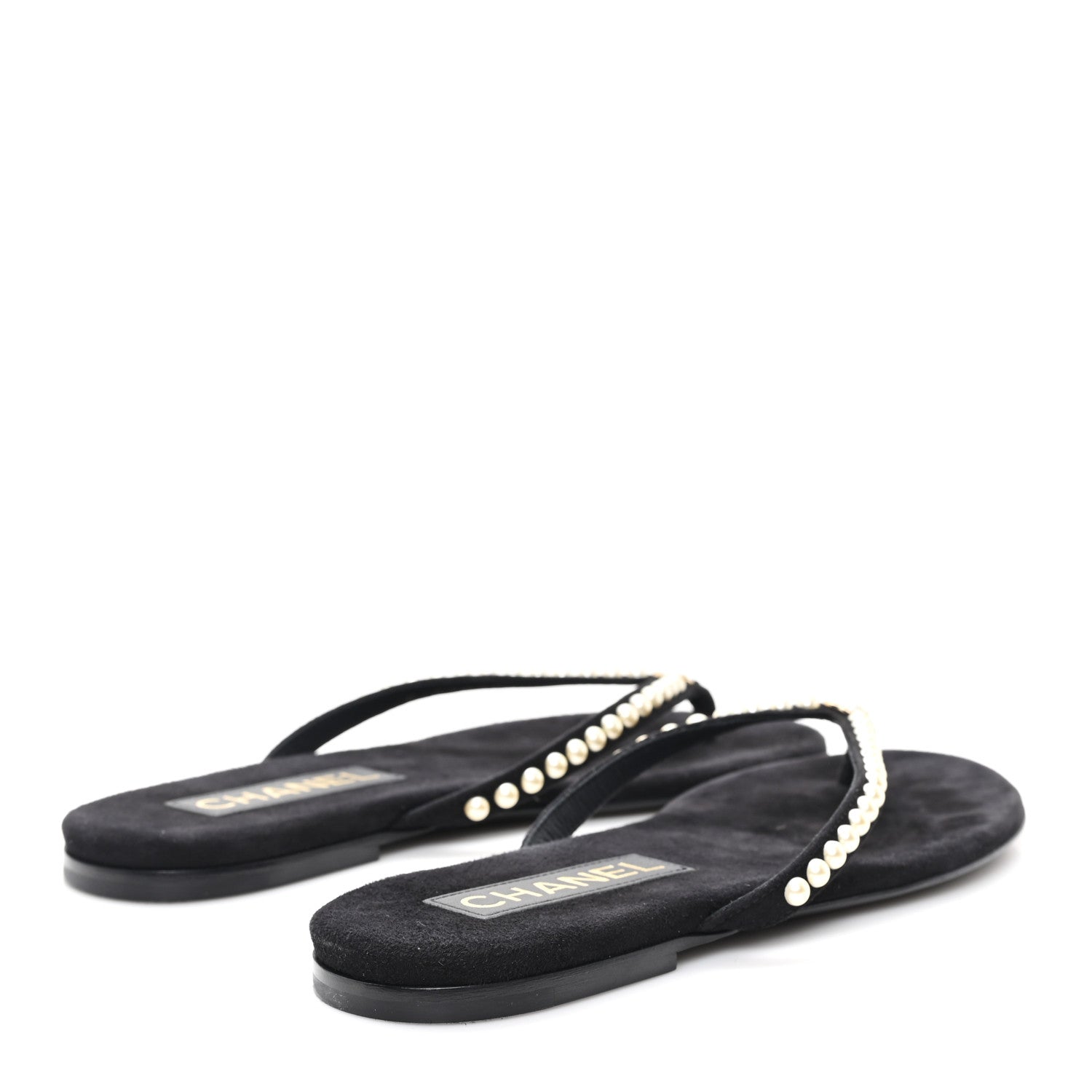 Chanel Suede Pearl Strass CC Thong Sandals 35.5 Black 5 of 8