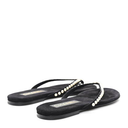 Chanel Suede Pearl Strass CC Thong Sandals 35.5 Black 5 of 8