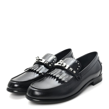 Hermes Glazed Calfskin Medor Studded Fringe Womens Destin Loafer 40 Black 4 of 10