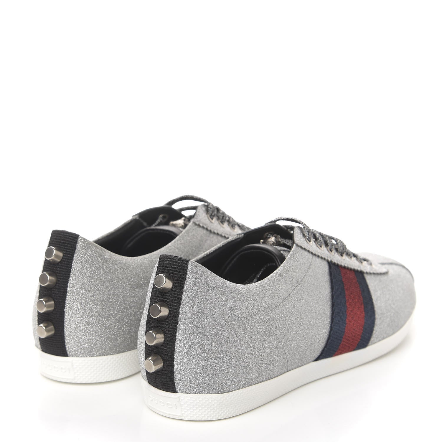 Gucci Metallic Calfskin Studded Bambi Web GG Sneakers 39.5 Silver 4 of 10