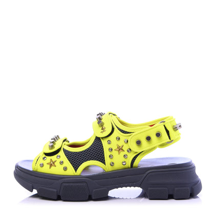 Gucci Technical Canvas Calfskin Studded Mens Aguru Sandals 8 Neon Yellow 1 of 9