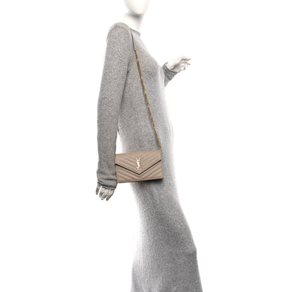 Saint Laurent Grain De Poudre Matelasse Chevron Monogram Envelope Chain Wallet Dark Beige 2 of 9