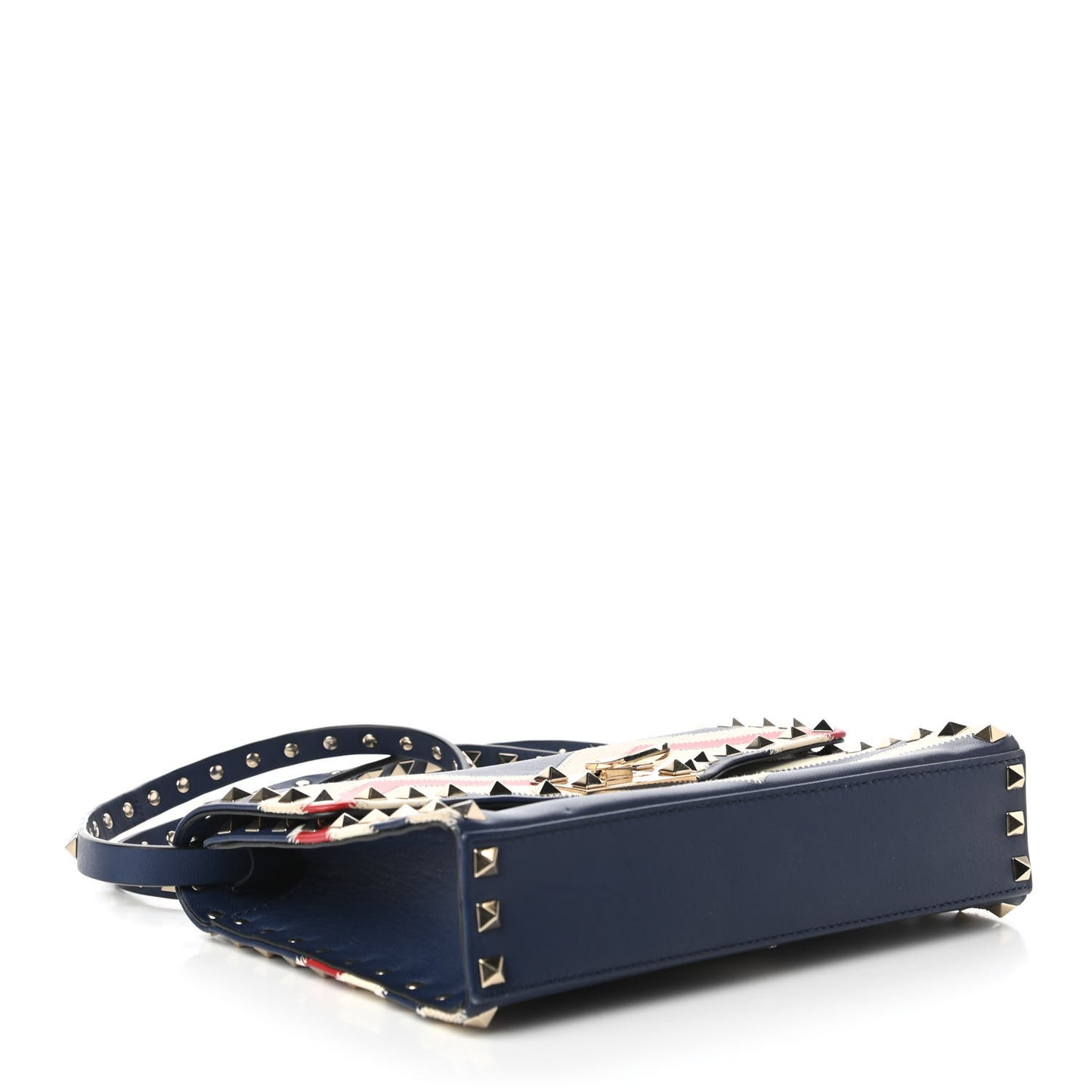 Calfskin Canvas Zig Zag Print Rockstud Flip Lock Crossbody Bag Red Blue