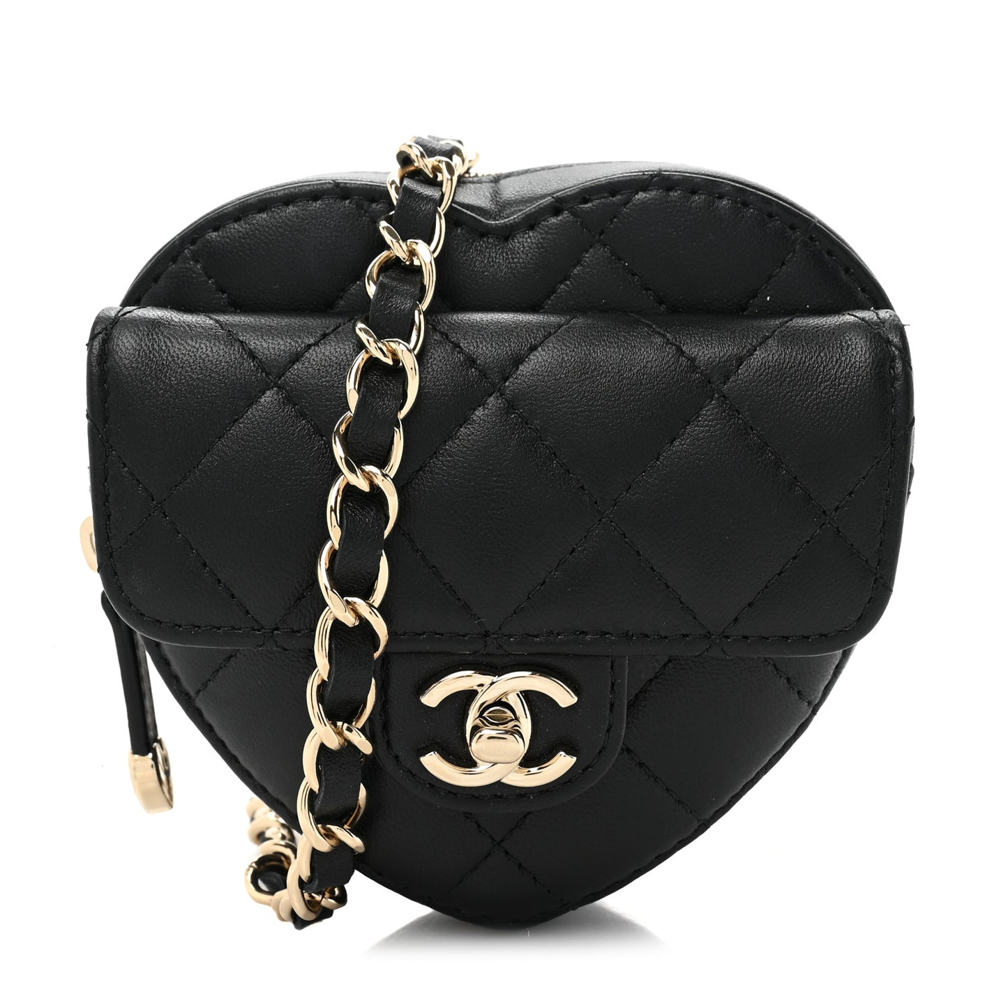 Lambskin Quilted CC In Love Heart Waist Belt Bag With Chain Black
