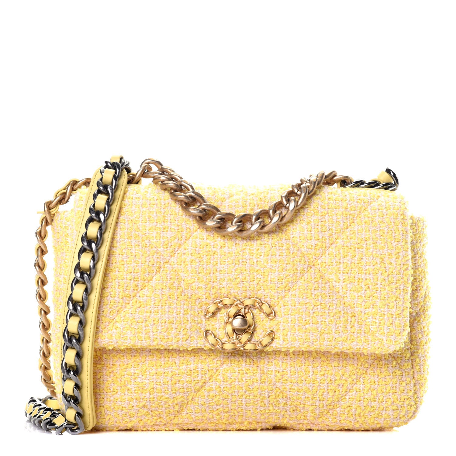 Chanel Tweed Quilted Medium Chanel 19 Flap Yellow Pink 1 of 9