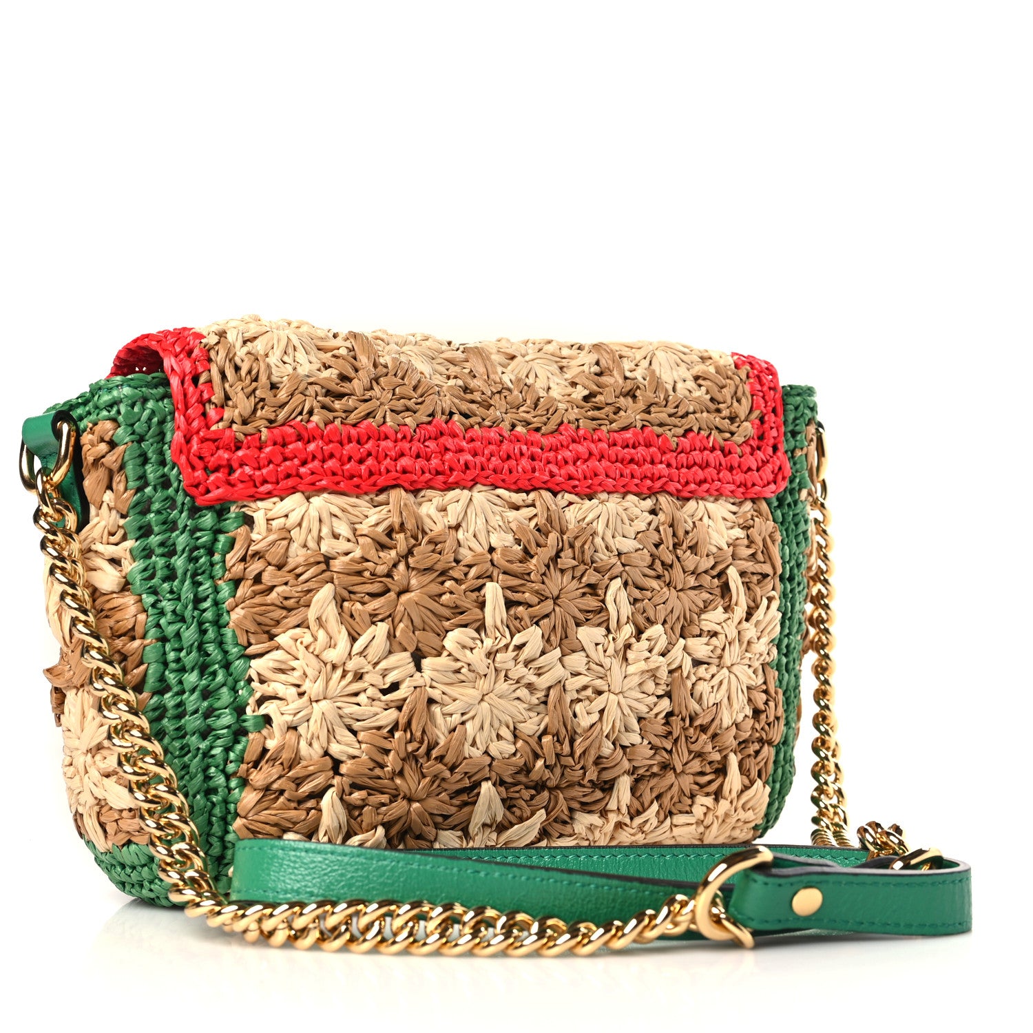 Gucci Raffia Azalea Calfskin Crochet Flower Small GG Marmont Shoulder Bag Natural Ecru Green Red New Shamarock 3 of 9