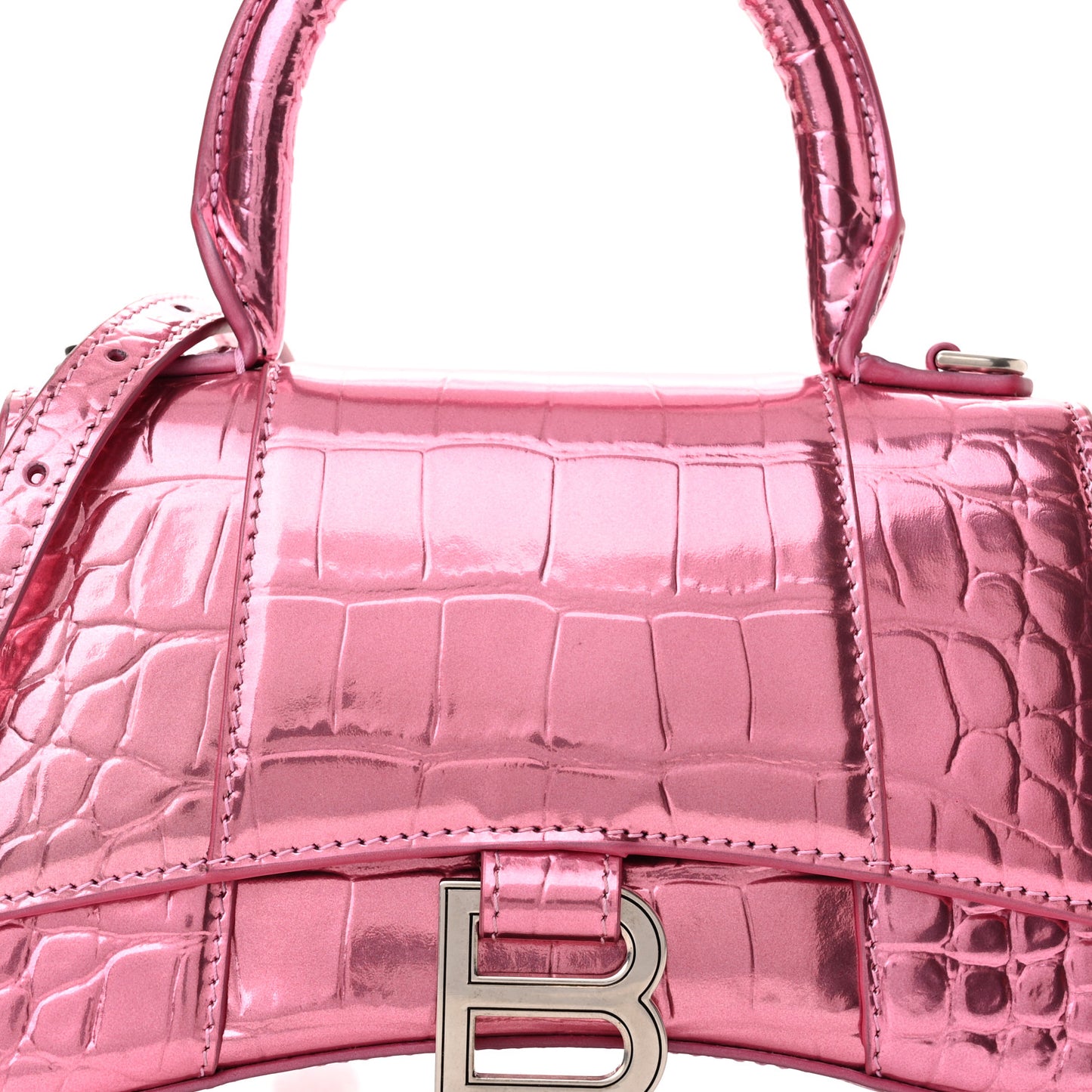 Metallic Shiny Calfskin Crocodile Embossed Hourglass Top Handle Bag XS Pink