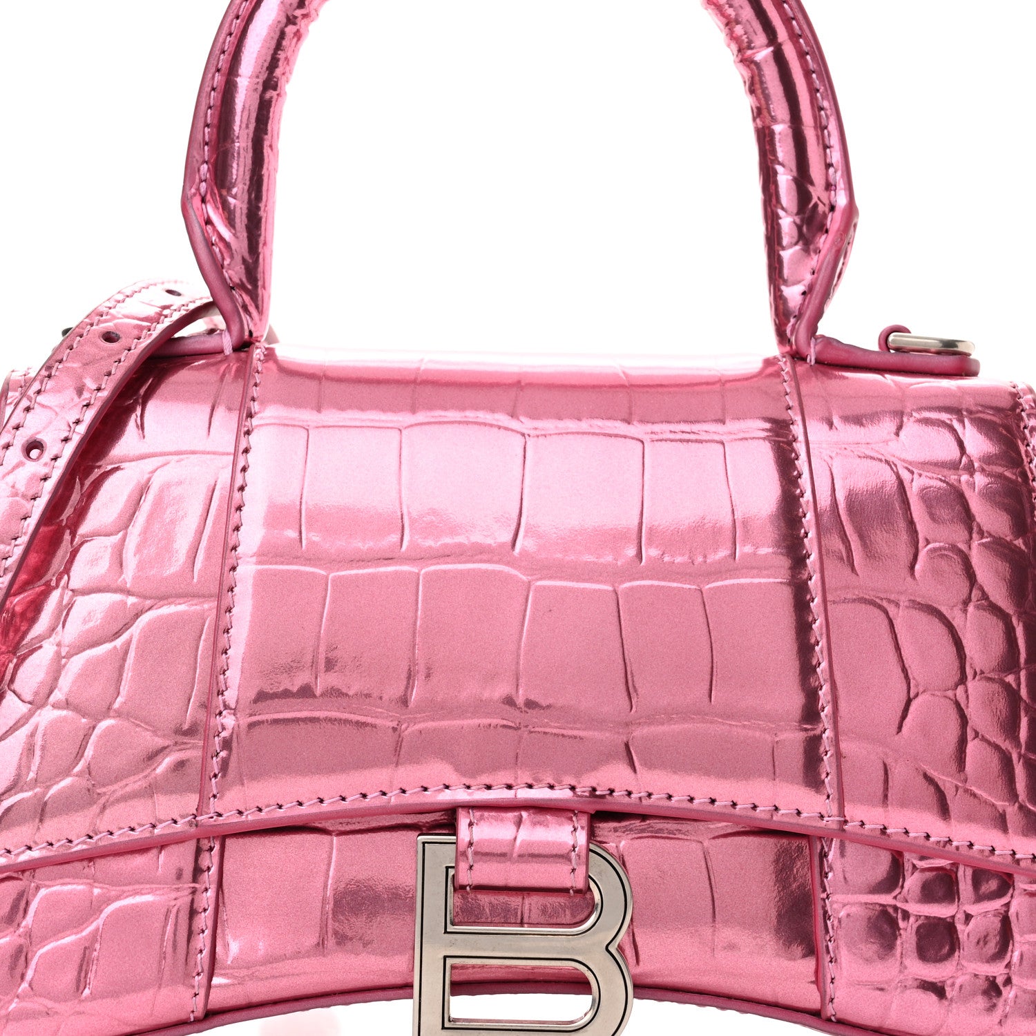 Balenciaga Metallic Shiny Calfskin Crocodile Embossed Hourglass Top Handle Bag XS Pink 7 of 11