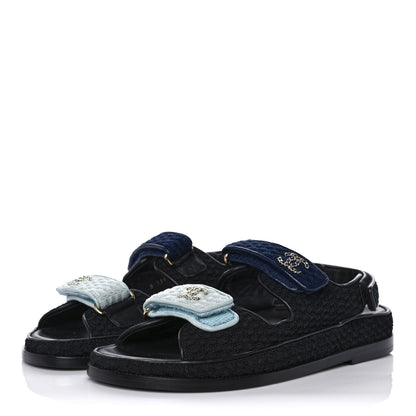 Chanel Knit Fabric Velcro Dad Sandals 40 Black Dark Blue Light Blue 3 of 9
