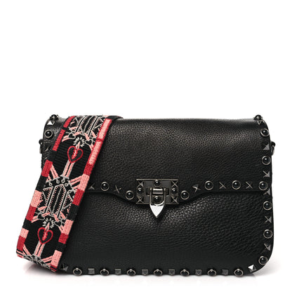 Valentino Garavani Pebbled Calfskin Onyx Medium Guitar Strap Rockstud Rolling Flap Love Blade Saddle Bag  Black 1 of 9