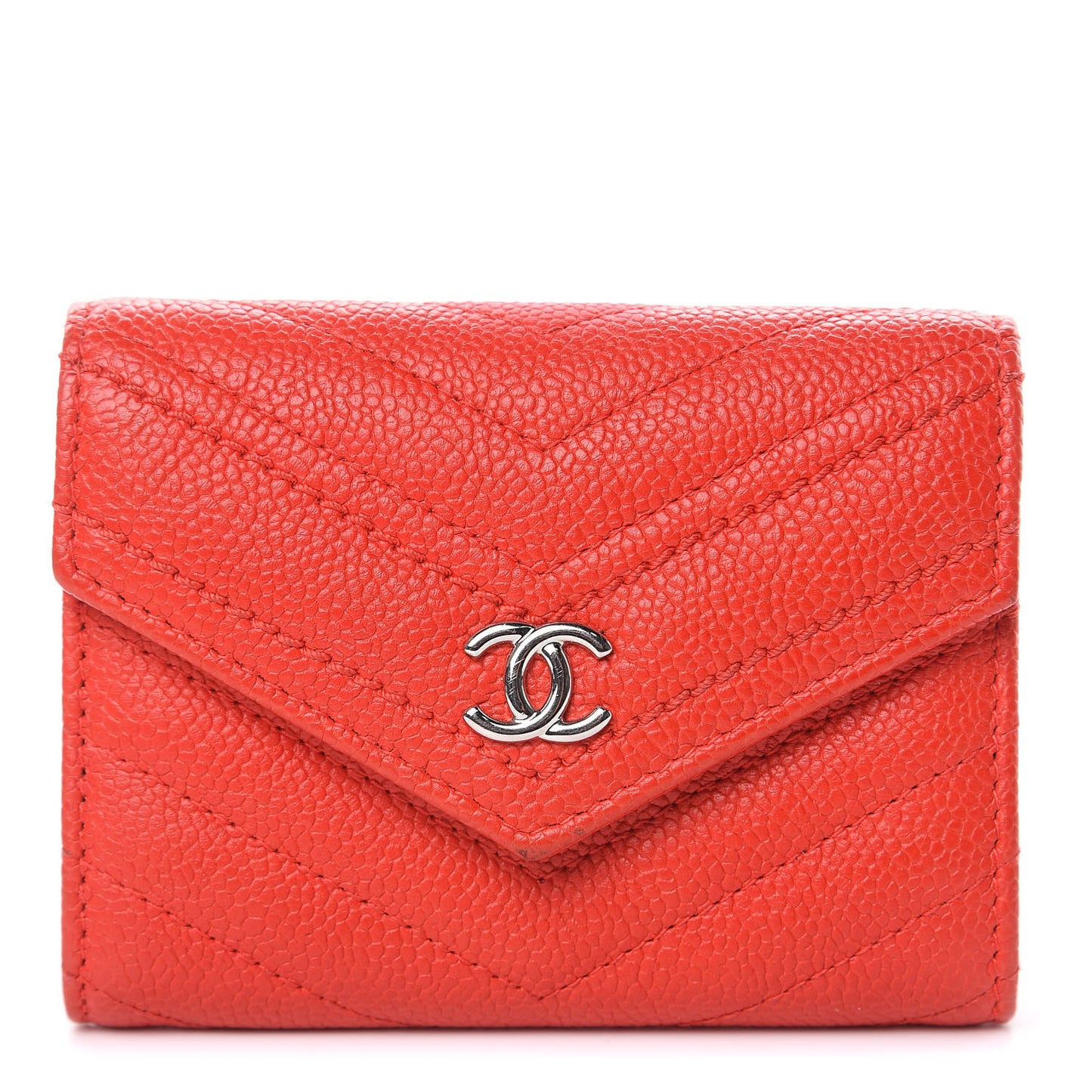 Caviar Chevron Quilted Flap Card Holder Wallet Red