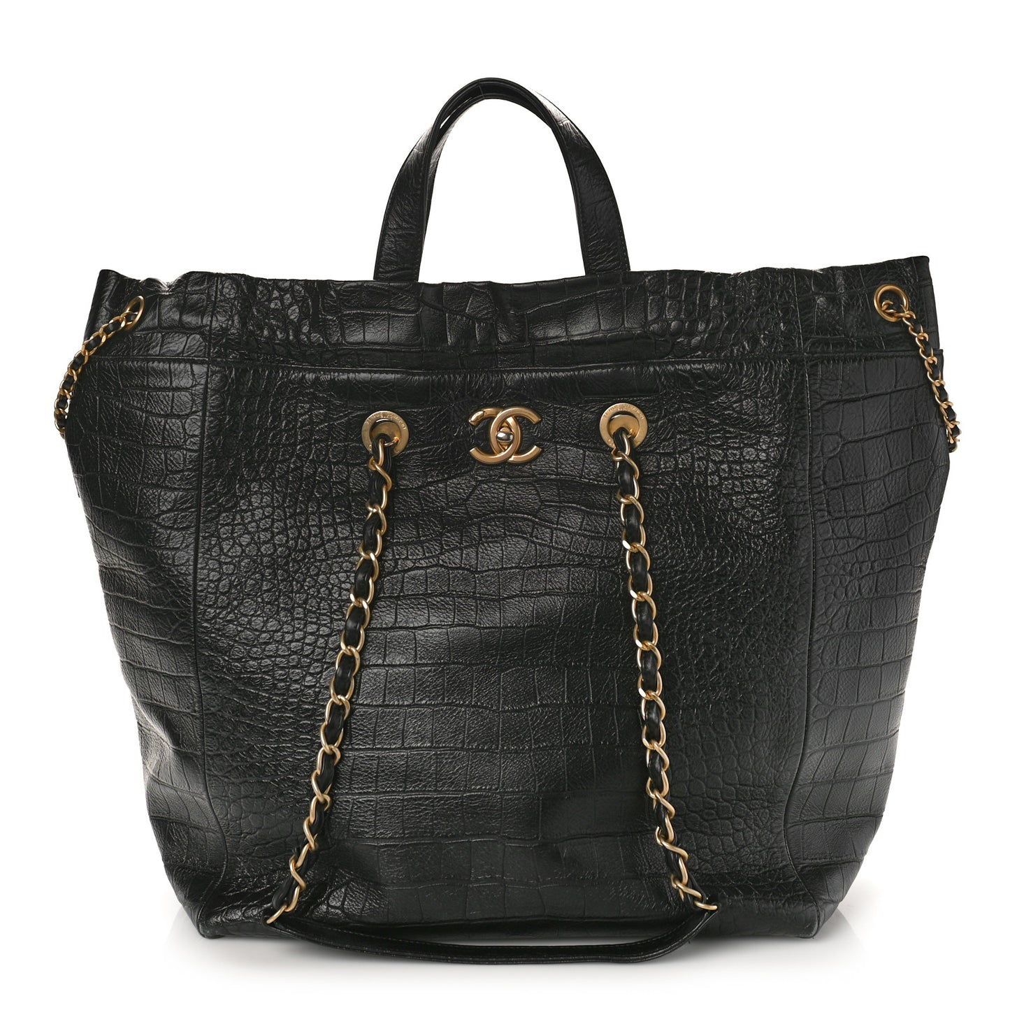 Calfskin Crocodile Embossed Large Cocodile Shopping Tote Black